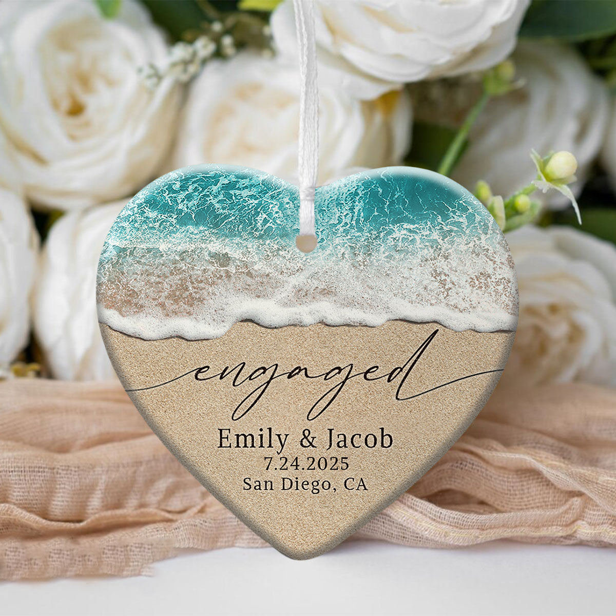 Custom Photo Beach Engaged Ornament,Personalized Engagement Gifts For Newly Engaged Couple