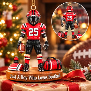 Just A Boy Who Loves Football – Personalized Christmas Ornament | Custom Name, Jersey Number & Uniform Colors | Gift For Football Players