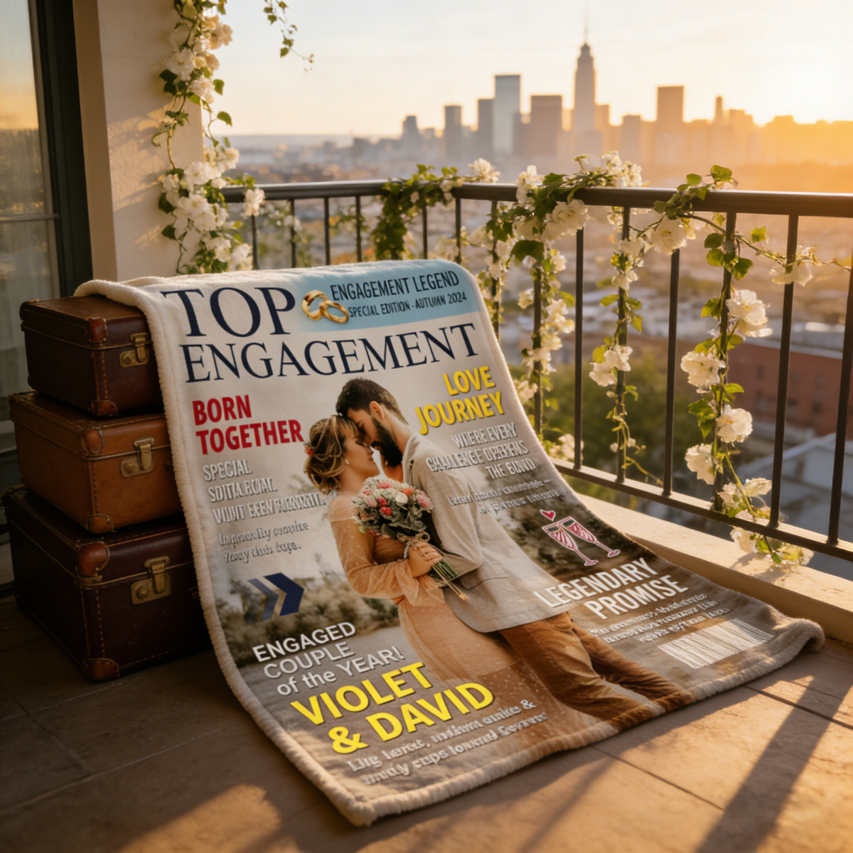 Personalized Custom Couple Photo Engagement Magazine Cover Blanket, Wedding Keepsake