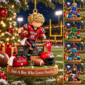 Personalized Just A Boy Who Loves Football Ornament, Custom Player Name & Number Christmas Gift