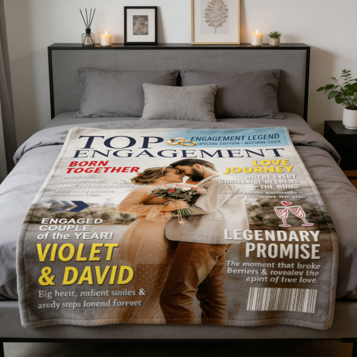 Personalized Custom Couple Photo Engagement Magazine Cover Blanket, Wedding Keepsake