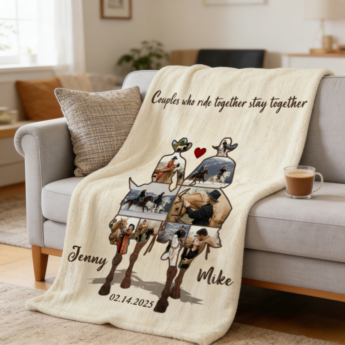 Custom Couple Cowboy Photo Collage Blanket , Personalized Couple Horse Riding Gift, Riding Partners Horse Riding Gifts