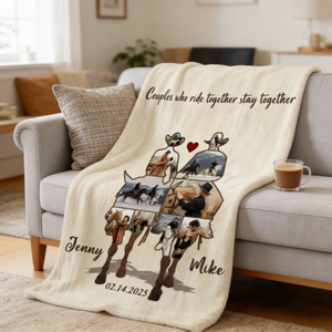Custom Couple Cowboy Photo Collage Blanket , Personalized Couple Horse Riding Gift, Riding Partners Horse Riding Gifts