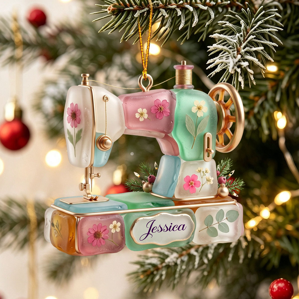 Personalized Richly Colored Sea Glass Vintage Sewing Machine Christmas Ornament