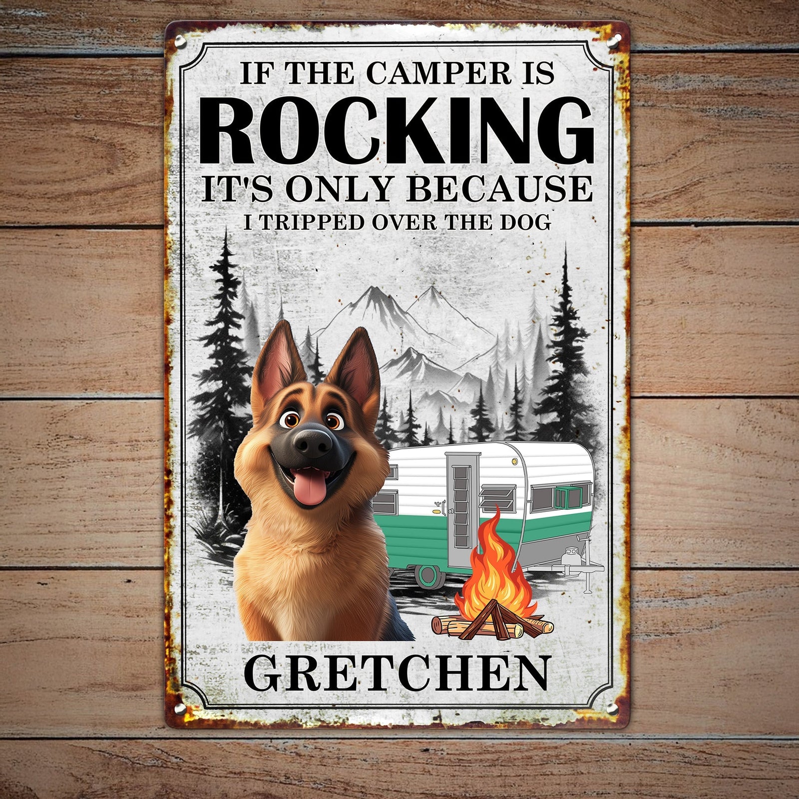 If The Camper Is Rocking It's Because I Tripped Over The Dog - Personalized Metal Sign