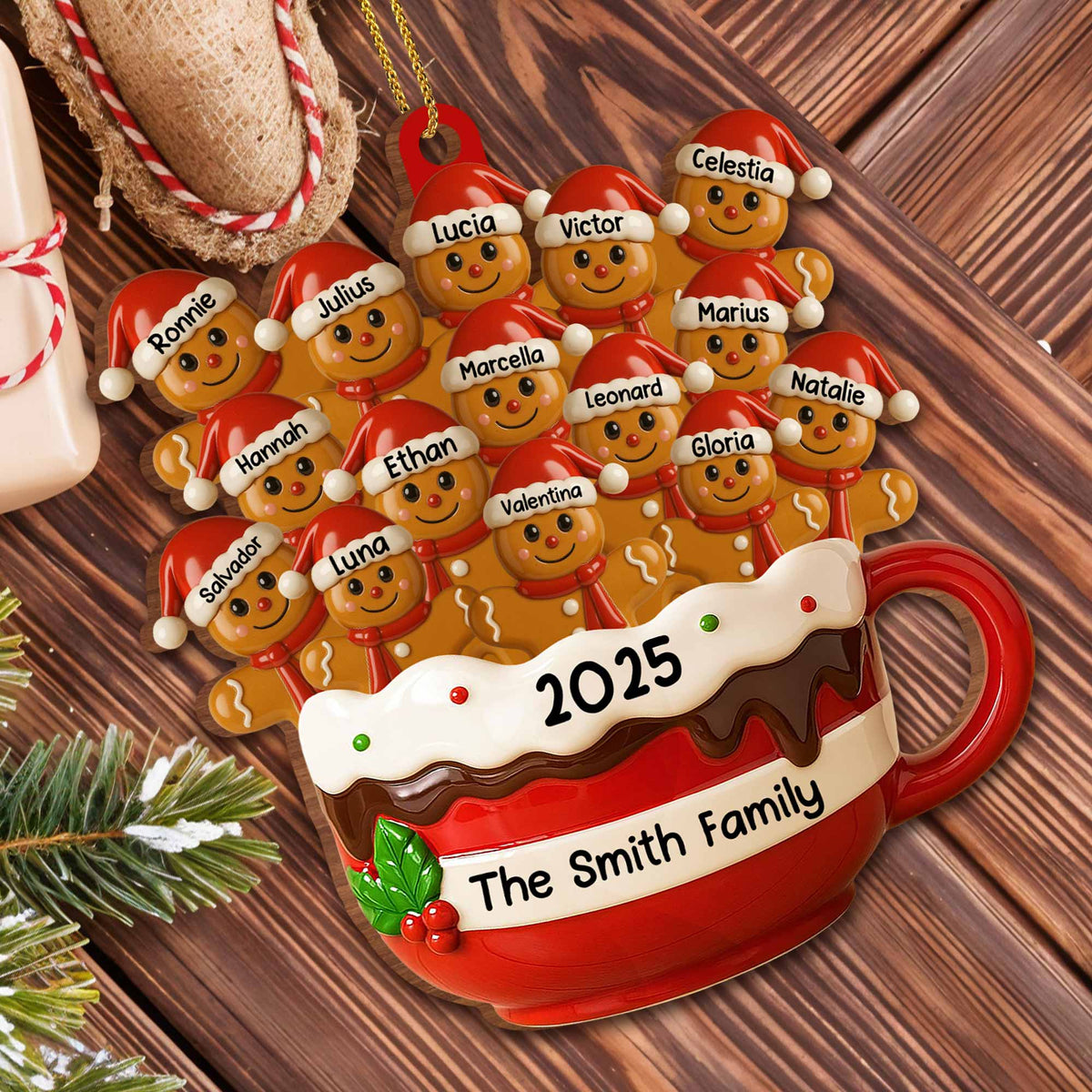 Hot Cocoa Mug With Festive Elves, Personalized Wood Ornament, Gift For Family