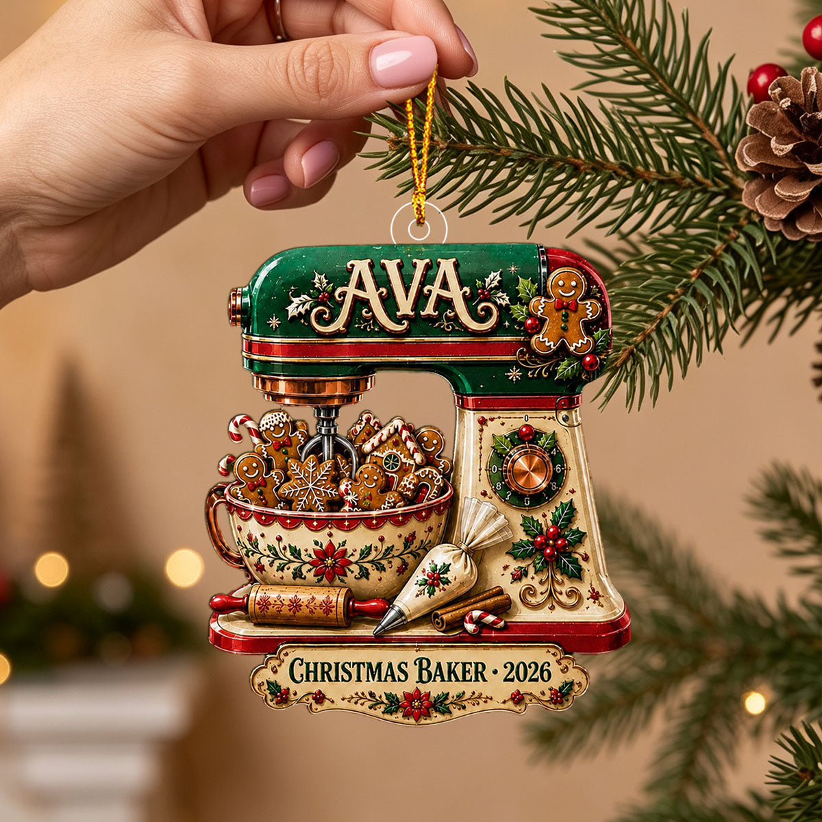 Personalized Christmas Baker Acrylic Ornament – Gingerbread Mixer Holiday Keepsake | Kitchen Decor 2026