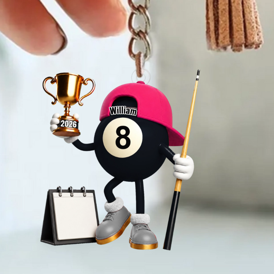 Personalized Cartoon Billiard Ball Champion Mascot Acrylic Keychain – Trophy & Cue Stick Gift For Pool Lovers