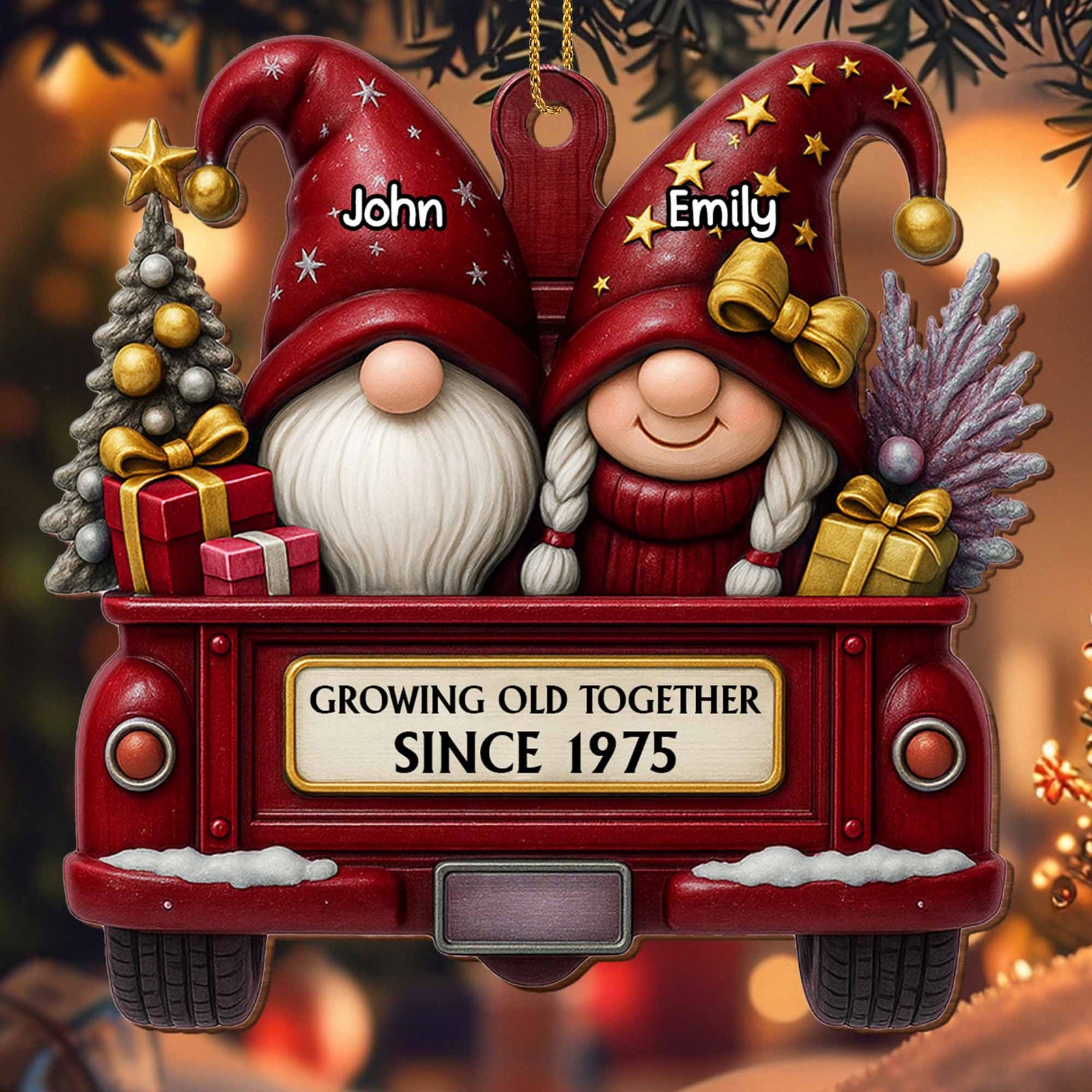 Growing Old Together, Christmas Red Truck Couples, Personalized Wood Ornament, Gift for Parents