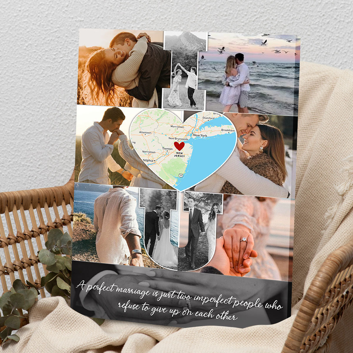 I Love You - Custom Map Photo Collage Wall Art Canvas Poster Personalized Couple Anniversary Wedding Gift