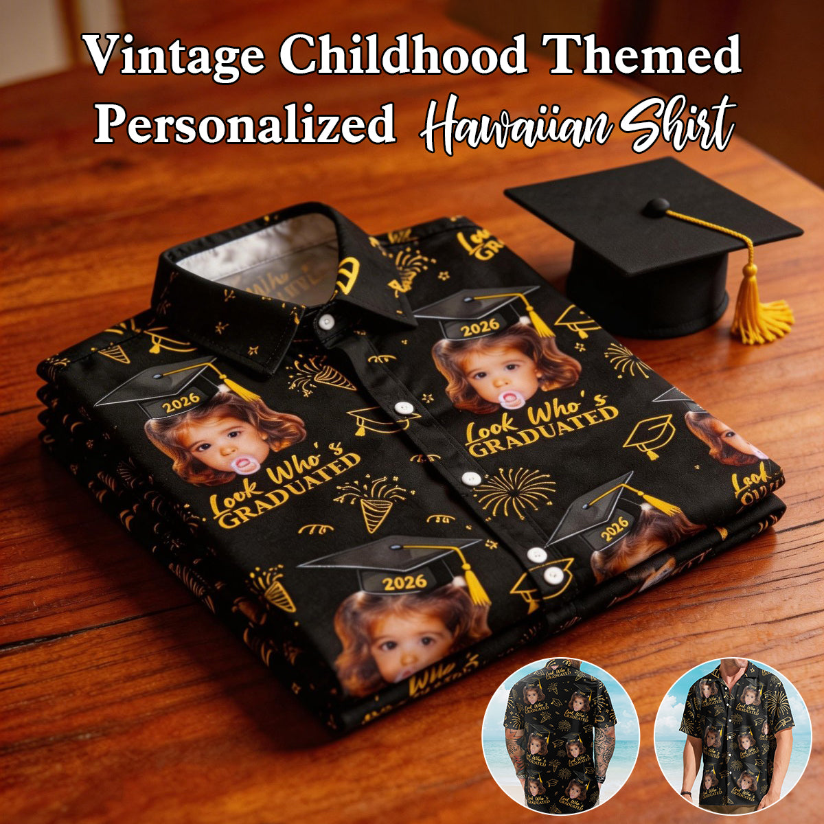 Vintage Childhood Themed Personalized Hawaiian Shirt - Graduation Matching Shirt With Childhood Photo