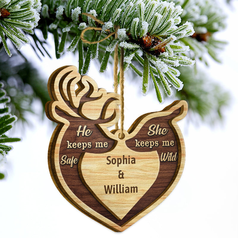 Deer Couple He Keeps Me Safe - Personalized Xmas 2 Layered Wooden Ornament