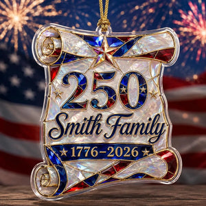 Personalized 1776–2026 Hologram Scroll Acrylic Ornament – America 250th Family Keepsake Gift