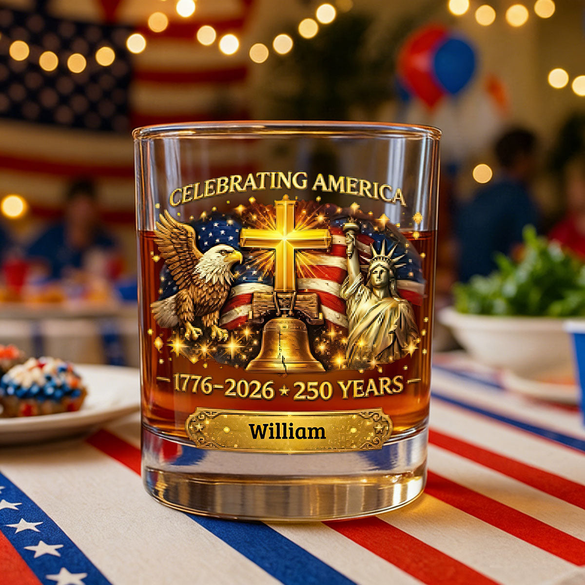 Celebrating America 1776-2026 250 Years Theme Personalized Whiskey Glass