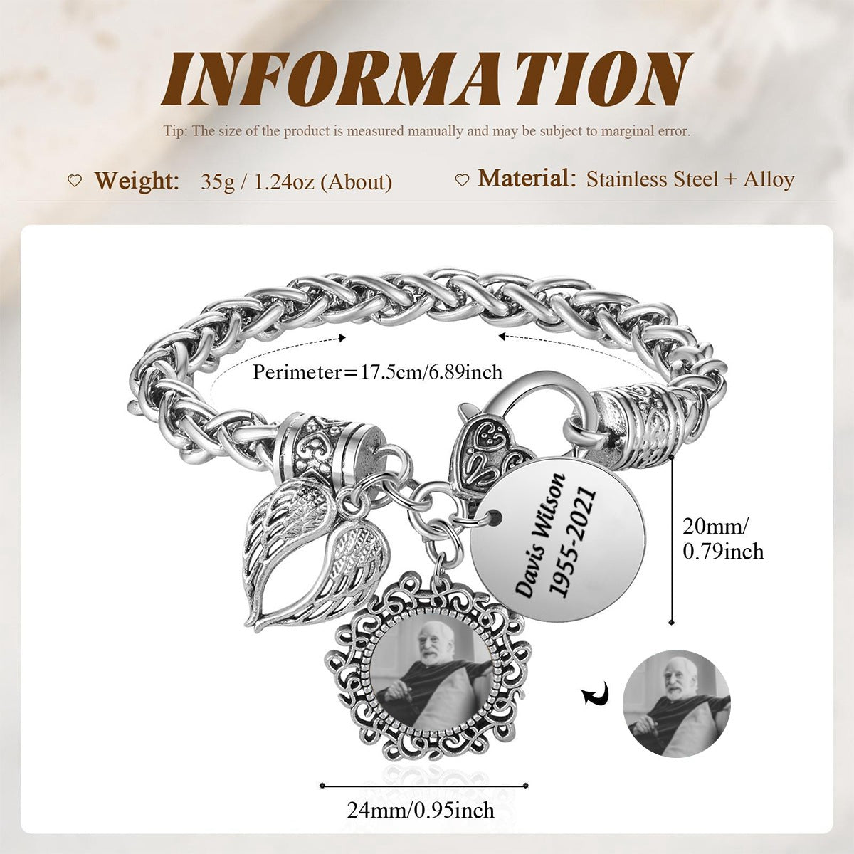 Engraved Name Personalized Memorial Antique Bracelet With Photo