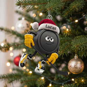 Personalized Action Pose Hockey Puck With Santa Hat – Custom Christmas Hanging Ornament For Hockey Fans
