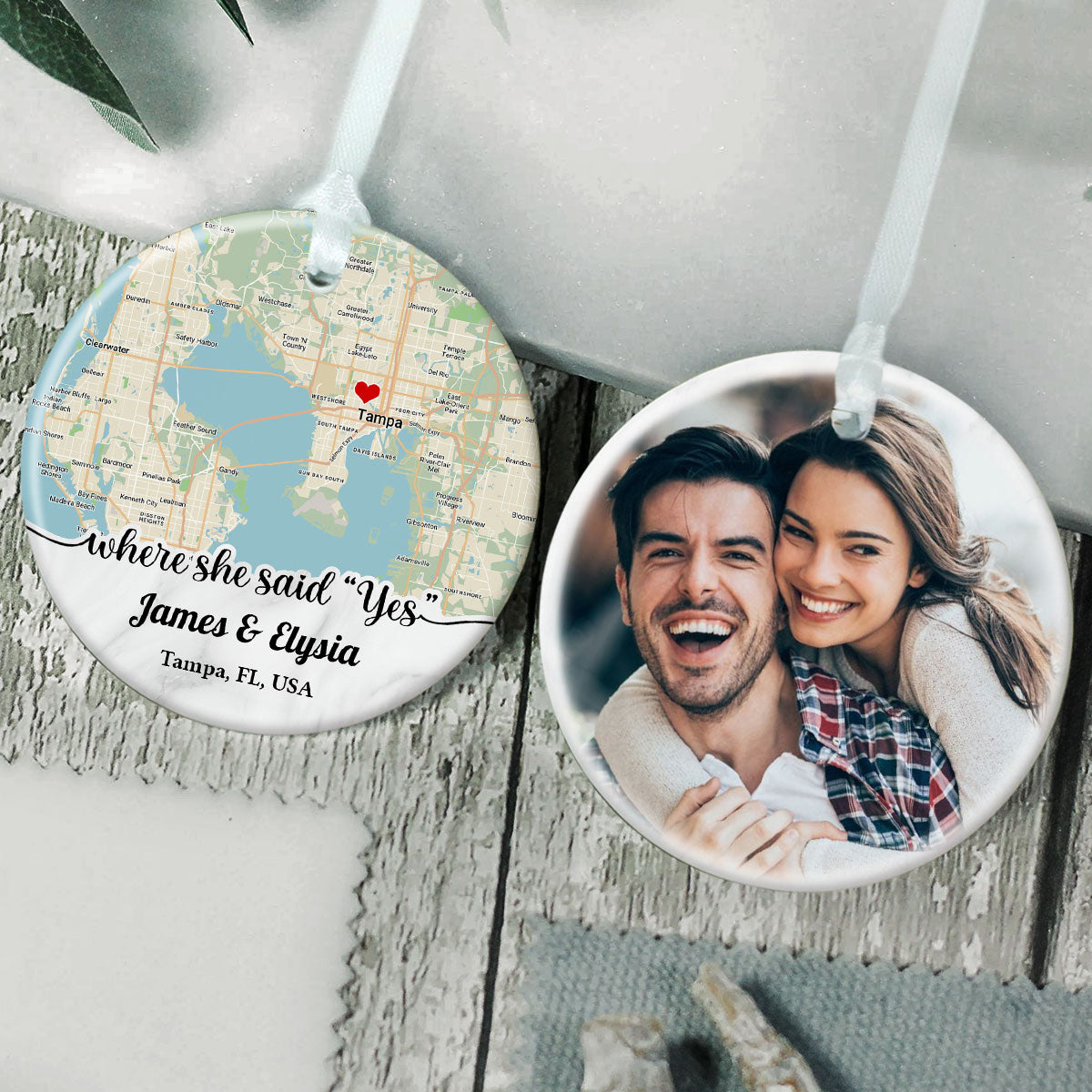 Personalized Couple Location Map Engagement Ornament - Custom Map & Photo Gift