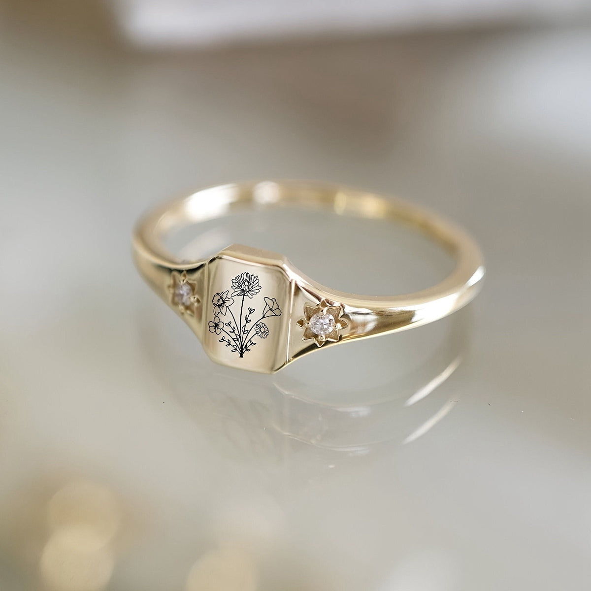 Personalized Birth flower gold ring, Statement flower rings for women, Minimalist ring