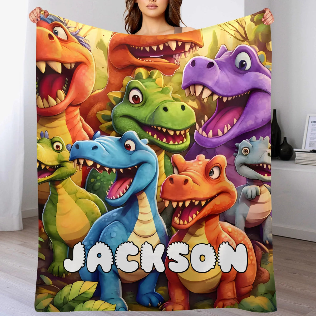 Cute Dinosaur Personalized Name Blanket Gift For Kids, Children