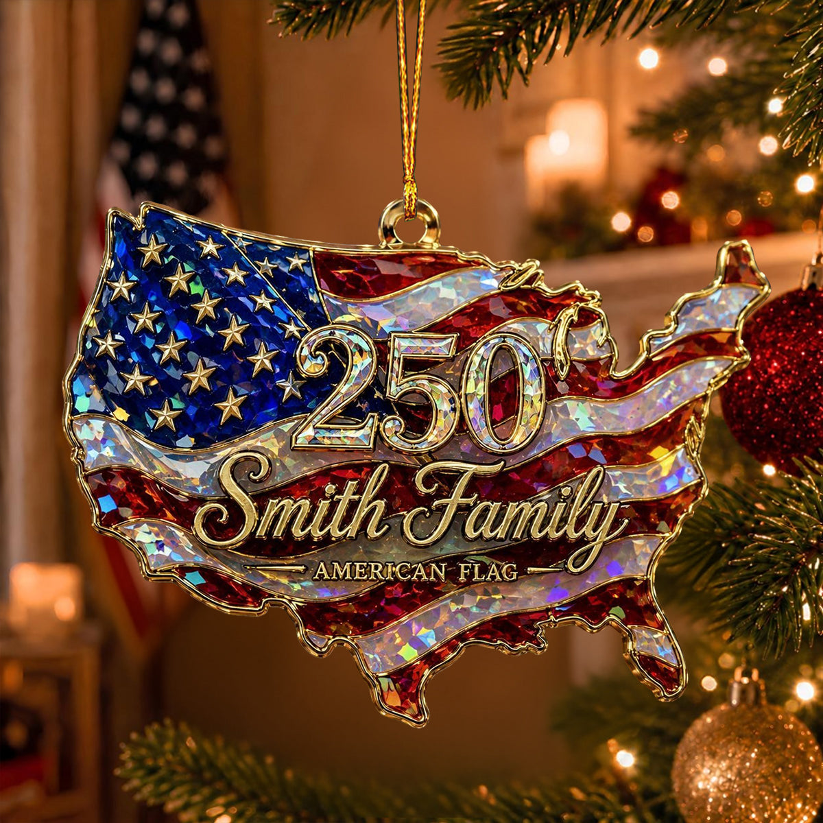 Personalized USA 250th Shape Acrylic Ornament, American Flag Hologram Ornament