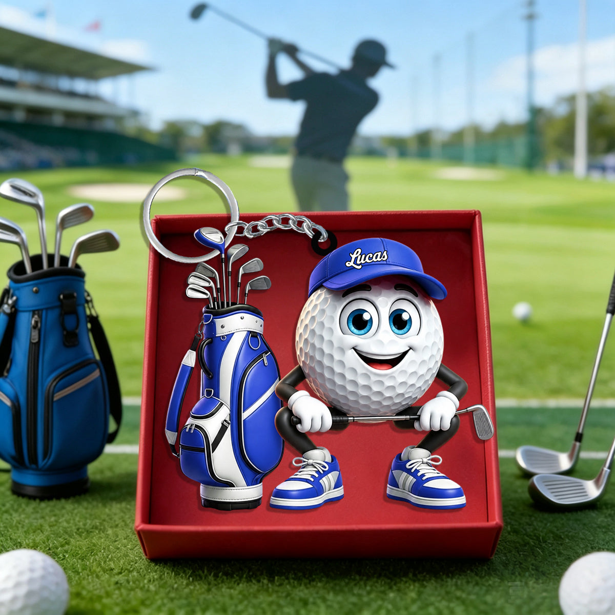 Squatting Personalized Cute Golf Ball Mascot Keychain Gift For Golf Lovers