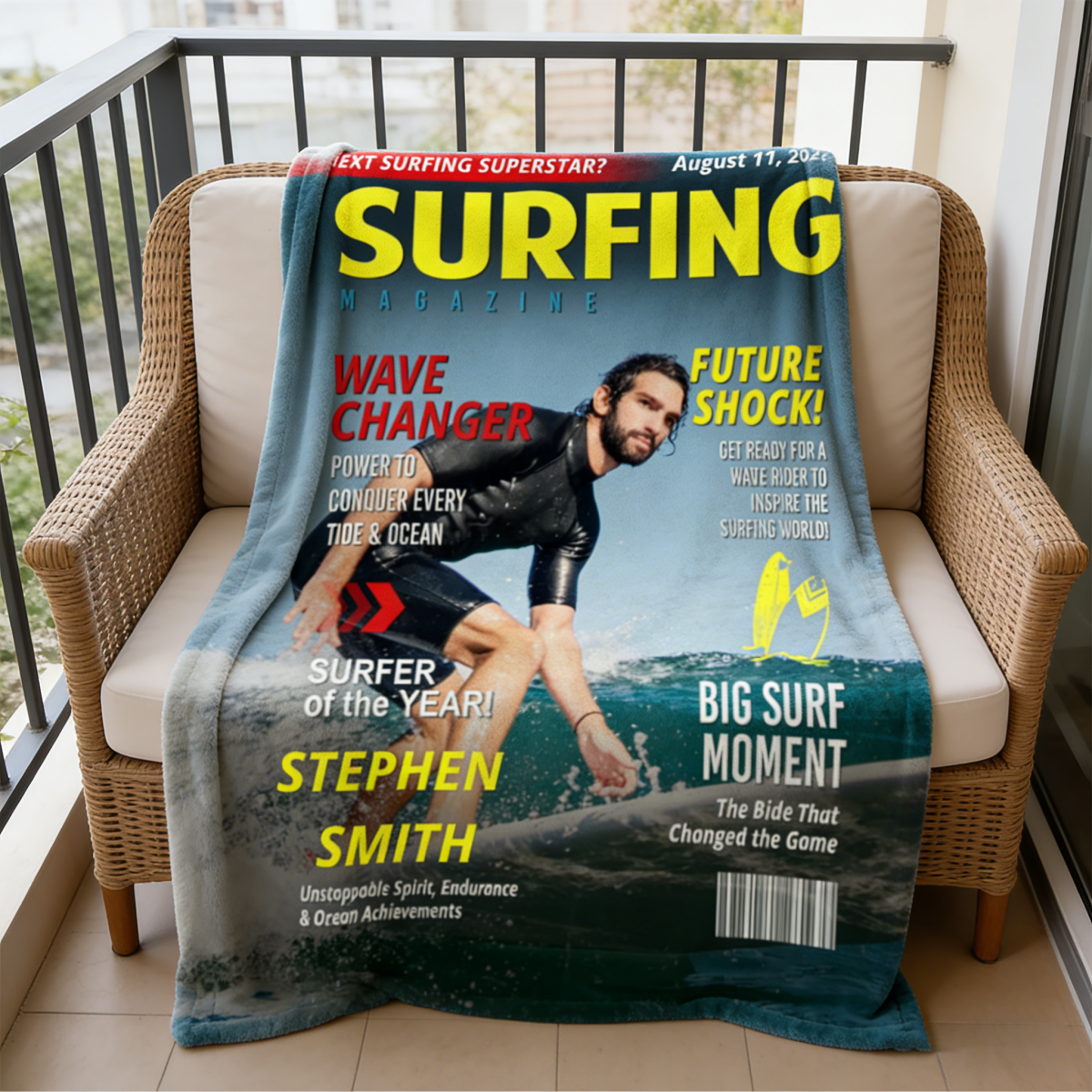Personalized Surfing Photo Magazine Cover Blanket Gift For Surfers, Surfing Gift For Him