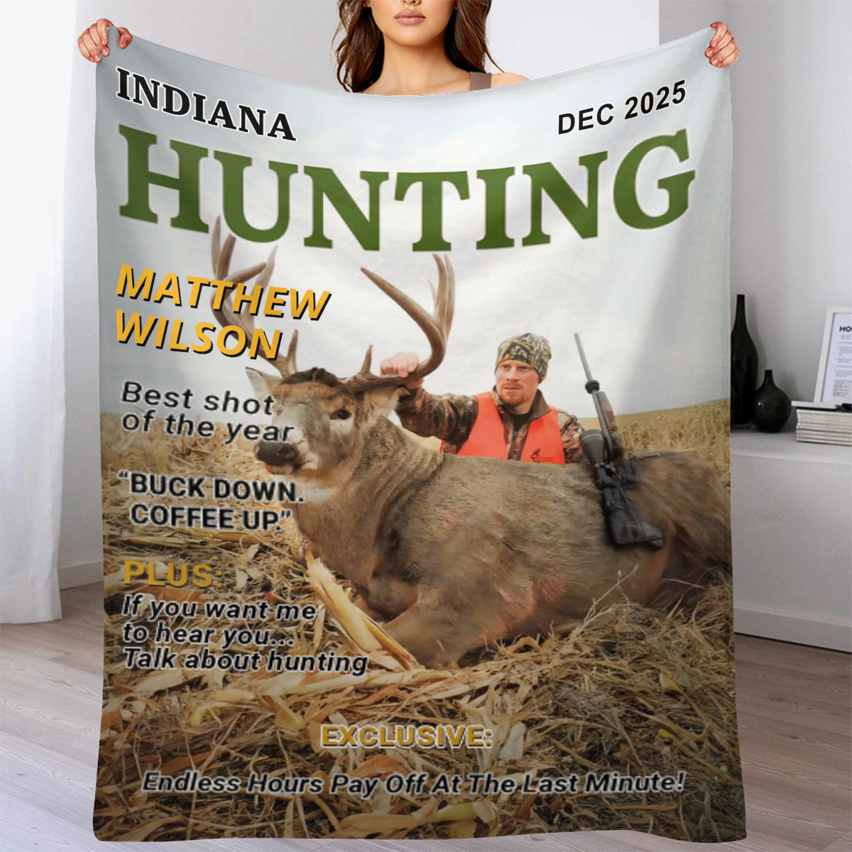 Wild At Heart Custom Photo Hunting Magazine Cover Blanket, Personalized Hunting Blanket Gifts for Men, Hunting Dad Gift