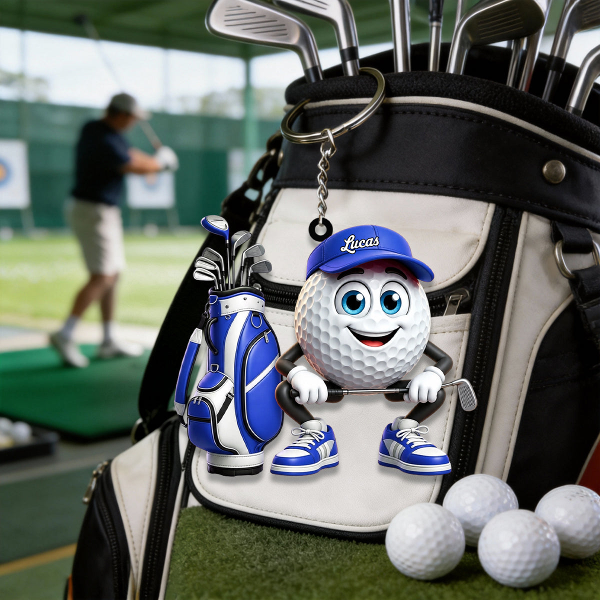 Squatting Personalized Cute Golf Ball Mascot Keychain Gift For Golf Lovers
