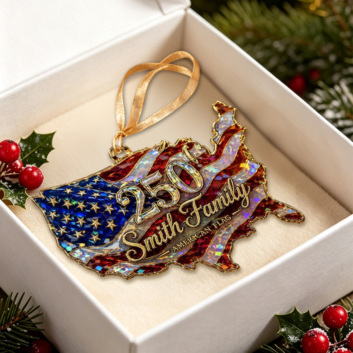 Personalized USA 250th Shape Acrylic Ornament, American Flag Hologram Ornament