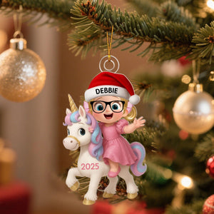 Cartoon Kid With Dinosaur Excavator Christmas - Personalized Acrylic Ornament - Unique Gift For Grandkids