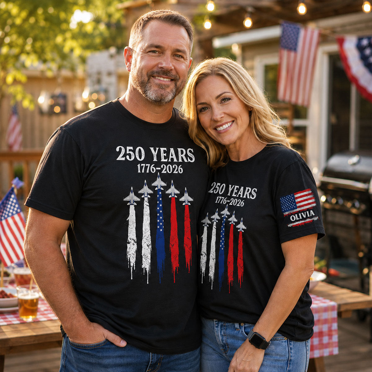 America 250th Anniversary Patriotic Jet Fighter 1776 - 2026 - Personalized Sleeve Printed Shirt - Family Matching Shirt, Patriotic Crew Shirt