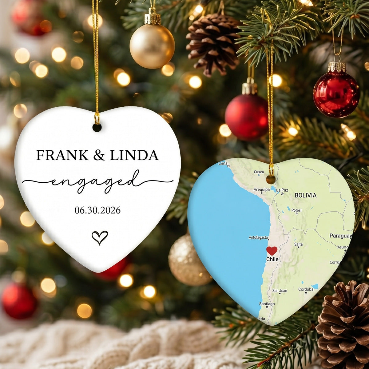 Engagement Ornament - Custom Map Personalized Heart-shaped Ceramic Ornament