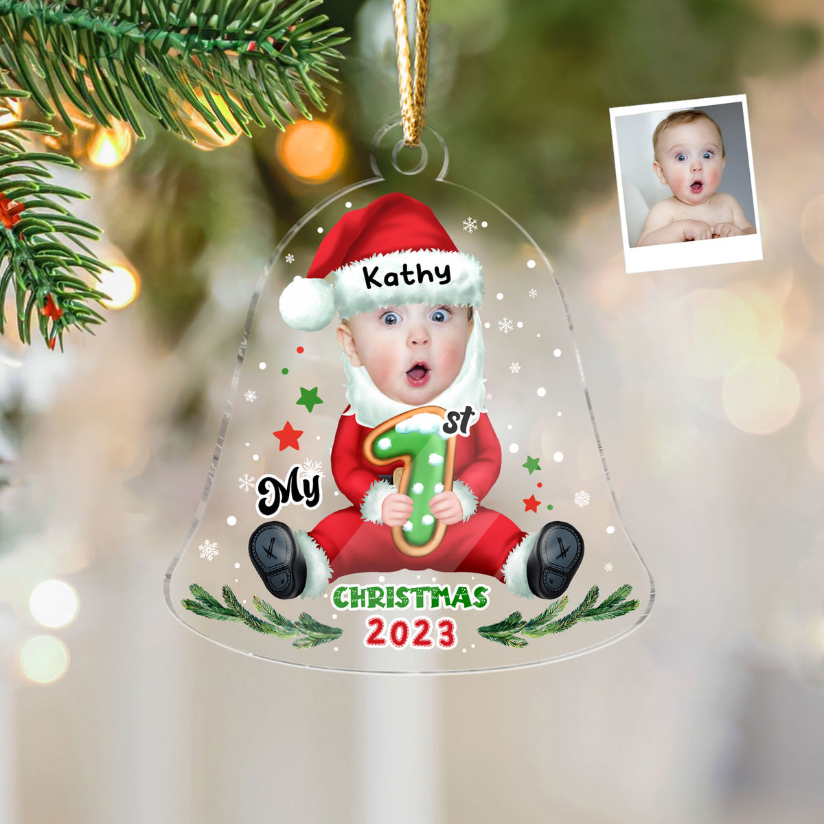 My First Xmas Personalized Christmas Baby Photo Acrylic Christmas Bell Ornament