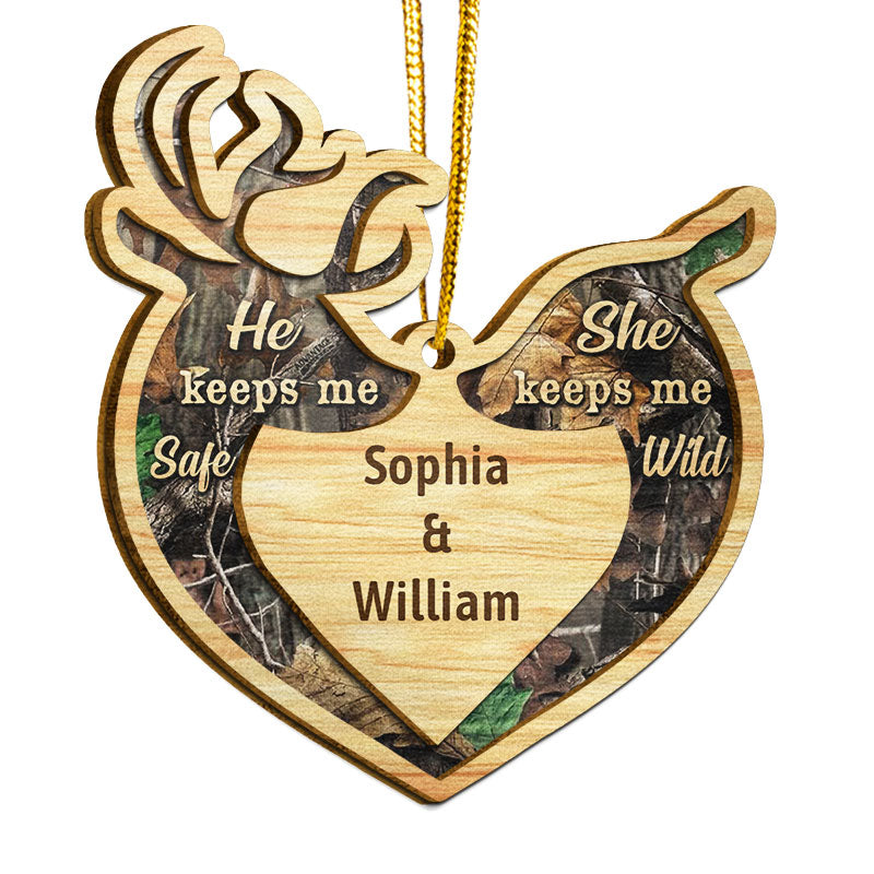 Deer Couple He Keeps Me Safe - Personalized Xmas 2 Layered Wooden Ornament