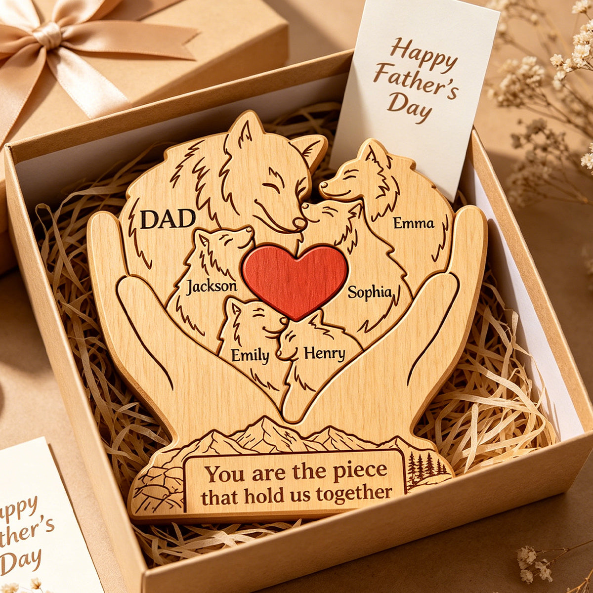 Personalized Wooden Art Puzzle – "Family First, Pack Forever" – Father's Day Gift For Dad & Grandpa