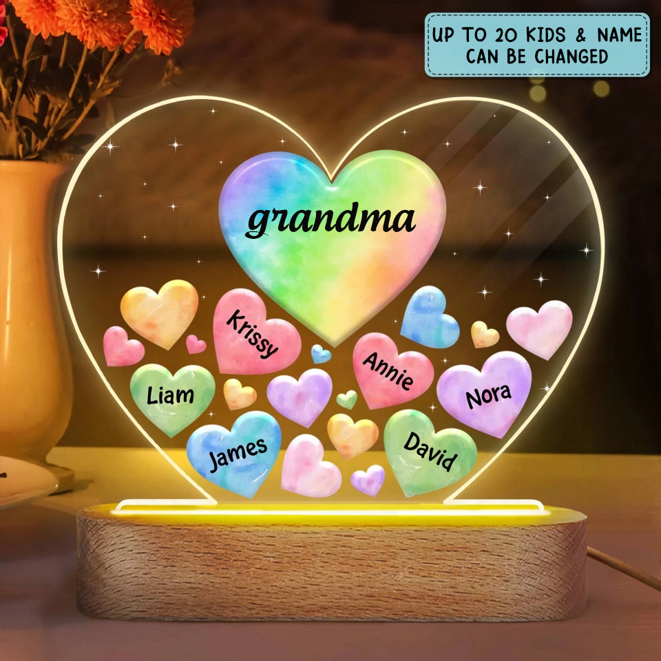 Personalized Grandma Mom Hearts In Heart Acrylic Heart LED Night Light