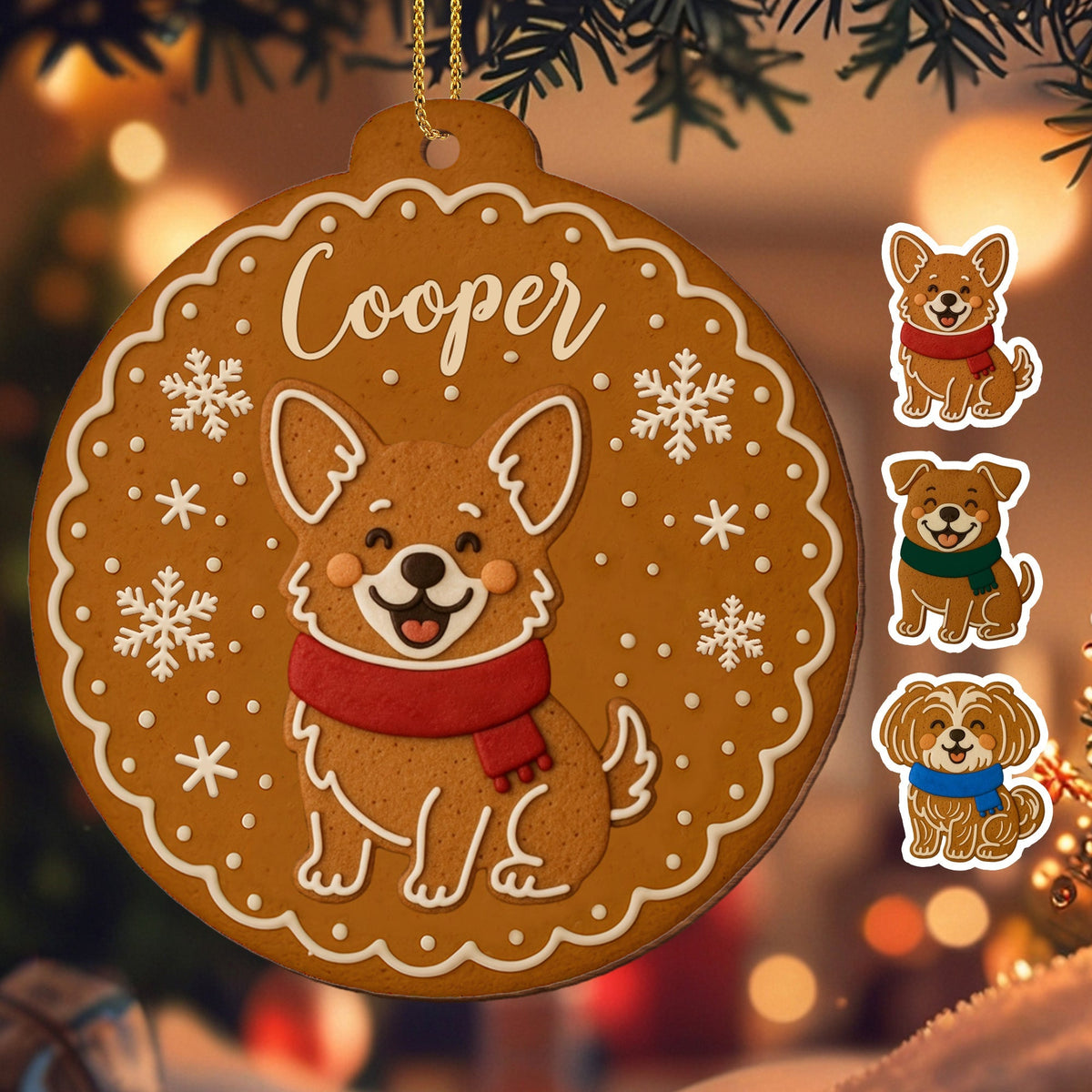 Cheerful Dog With Festive Scarf And Snowflakes, Personalized Wood Ornament, Gift For Dog Lovers
