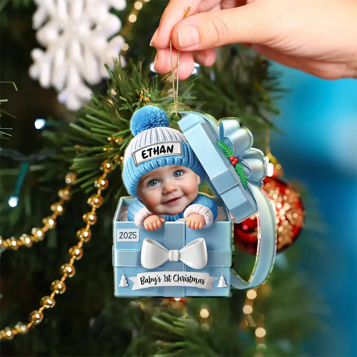 Baby First Christmas, Baby Reveals, Gift Box - Personalized Custom Shaped Acrylic Ornament