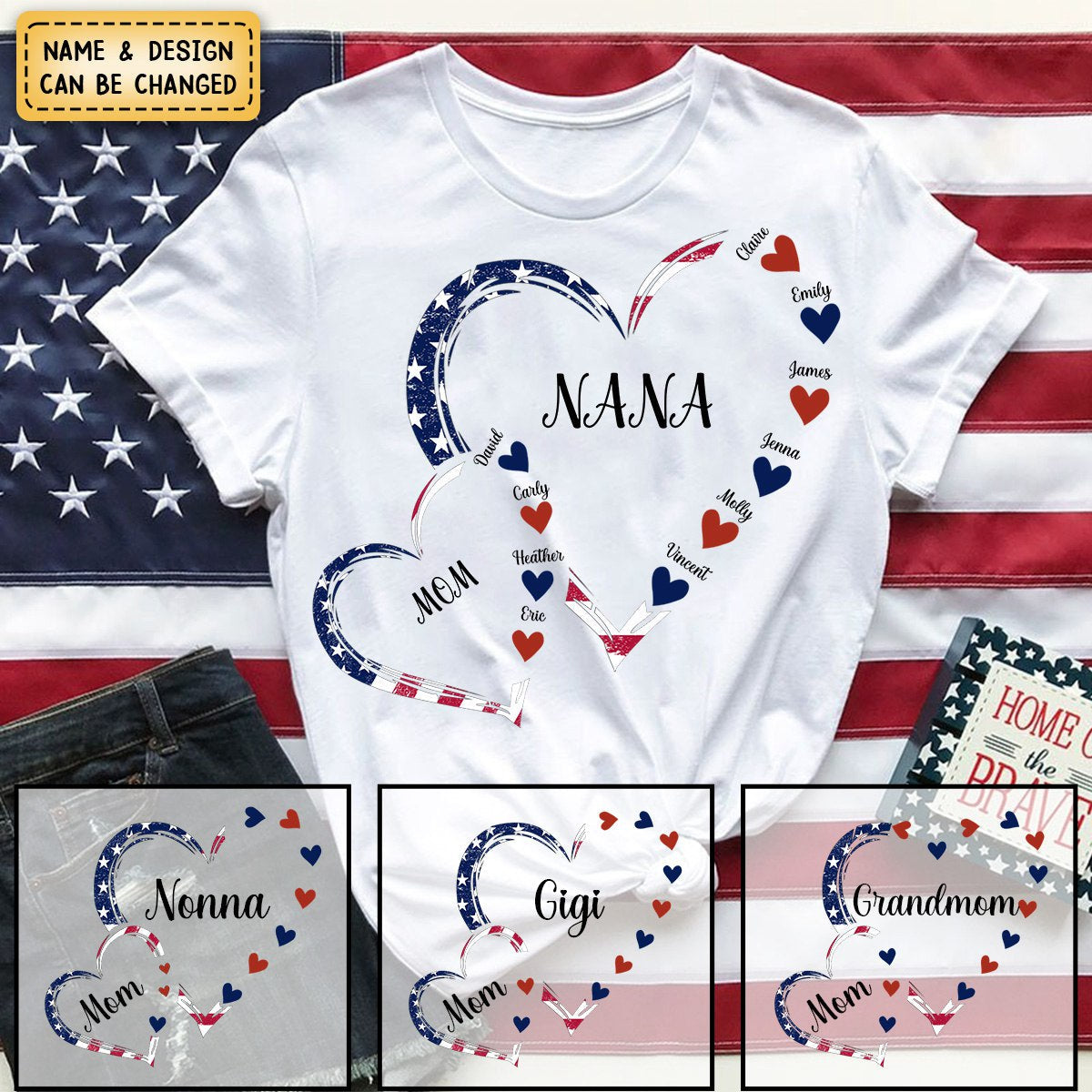 4th of July America Flag Heart Mom Grandma And Grandkids Hearts Personalized T-Shirt