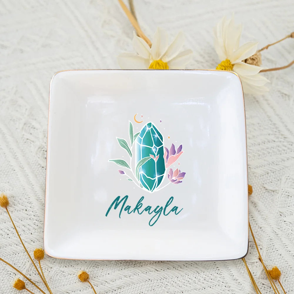 Personalized Birthstone Ceramic Square Trinket Jewelry Dish With Name, Gift For Girls Women