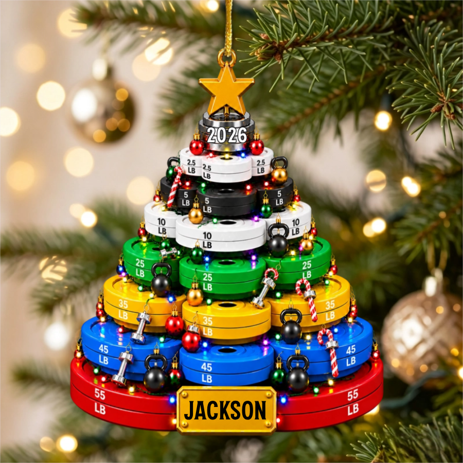 Weight Plate Christmas Tree Acrylic Ornament – Personalized Gym Name Keepsake | Fitness Lover Gift
