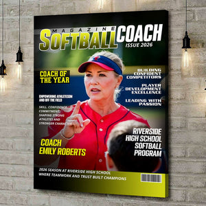 Softball Coach Magazine Cover Canvas, Personalized Coach Appreciation Gift, Thank You Softball Coach Wall Art, End Of Season Coach Keepsake