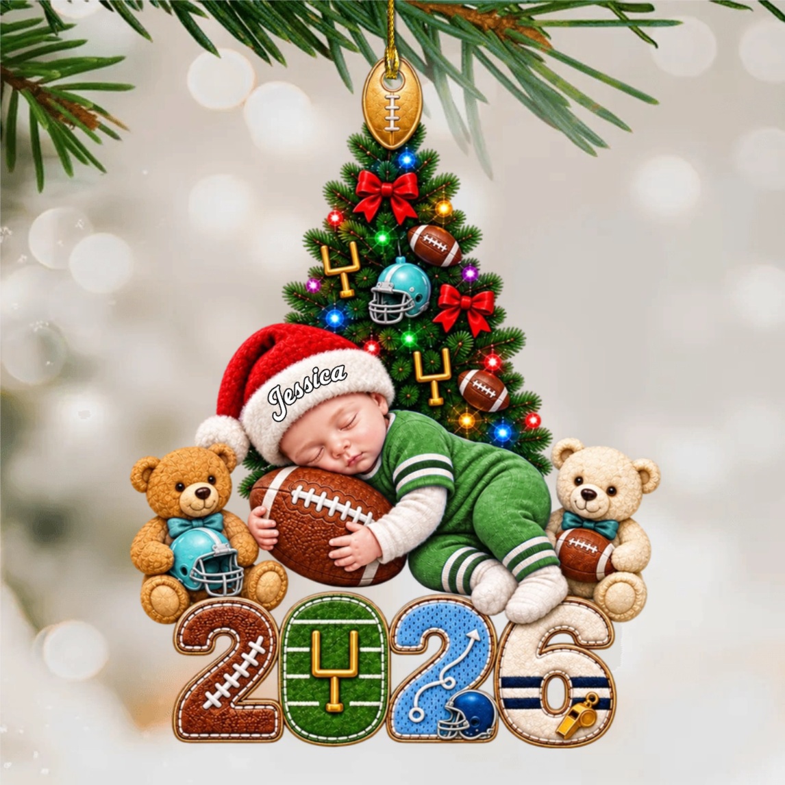 Personalized 2026 Football Baby Christmas Ornament – Custom Name Baby’s First Christmas Keepsake, Football Fan Newborn Gift