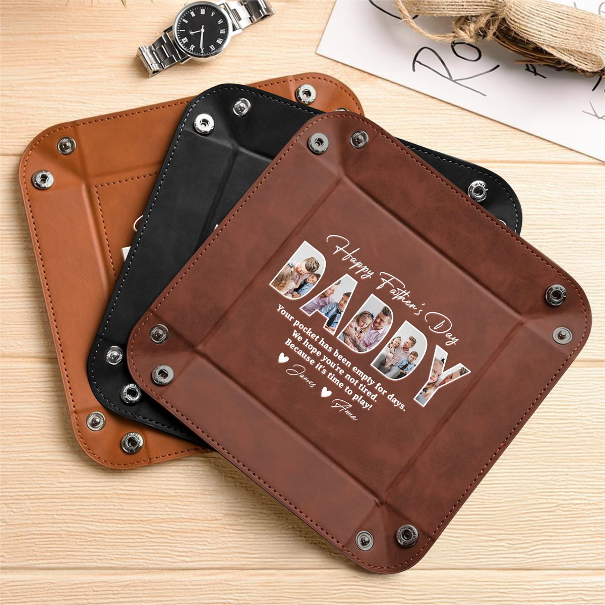 Custom Photo Happy Father's Day Family Personalized Leather Valet Tray