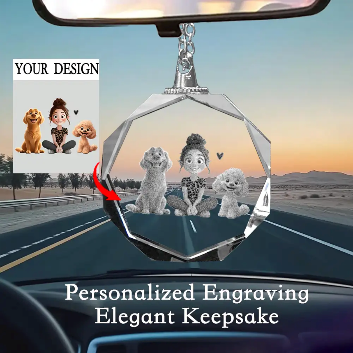 Personalized Cartoon Dog Mom as A Custom Engraved Crystal Car Ornament