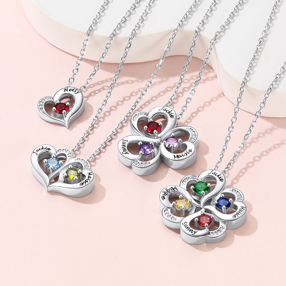 Personalized Heart Lucky Leaf Clover Birthstone Necklace