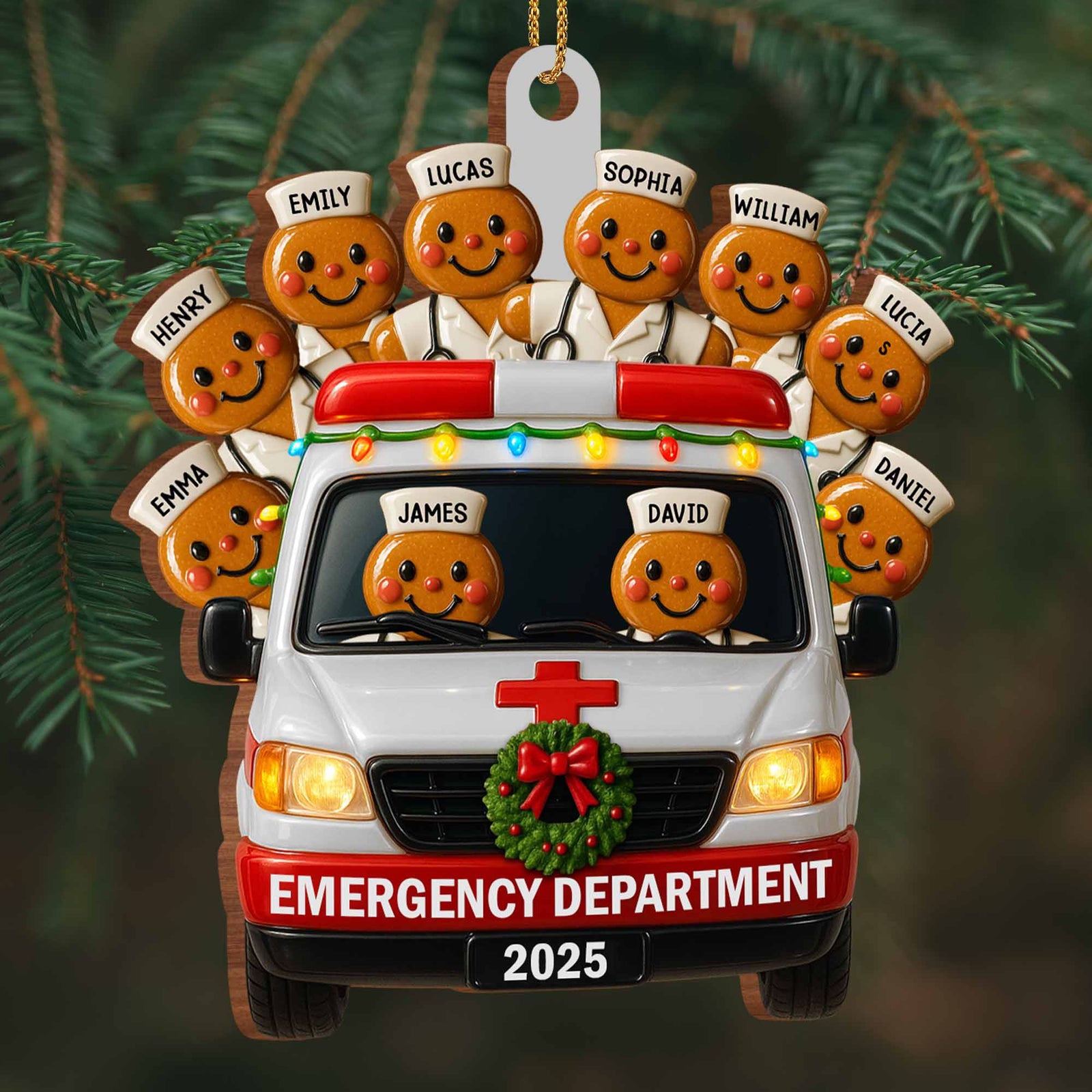 Emergency Department Team Holiday Ambulance, Personalized Wood Ornament, Gift For Medical Professionals