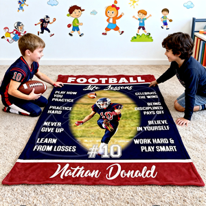 Personalized Football Life Lessons Blanket – Gift for American Football Player, Custom Photo Sport Blanket