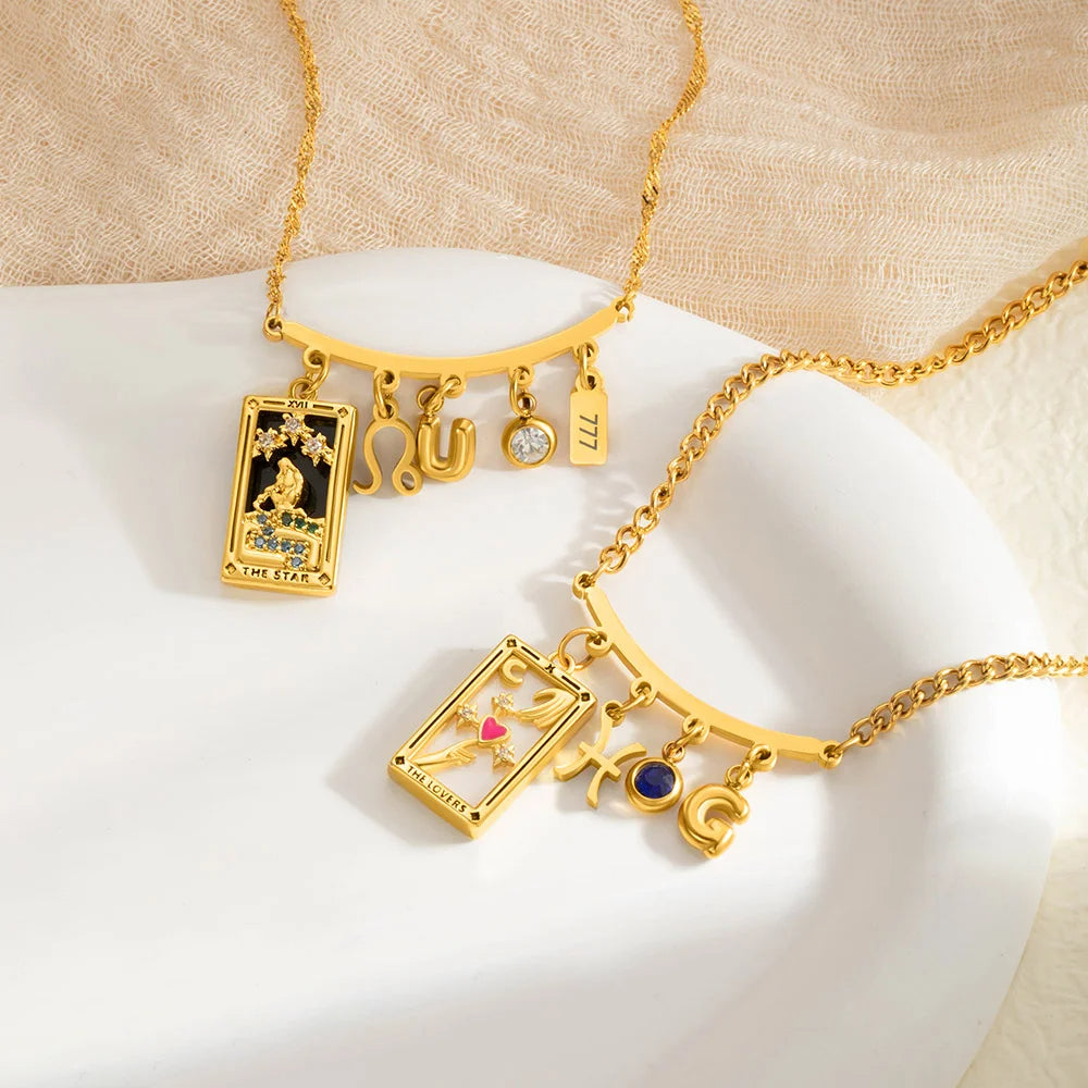 Personalized Tarot Zodiac Birthstone Initial Number Necklace Gift for Astrology Lovers