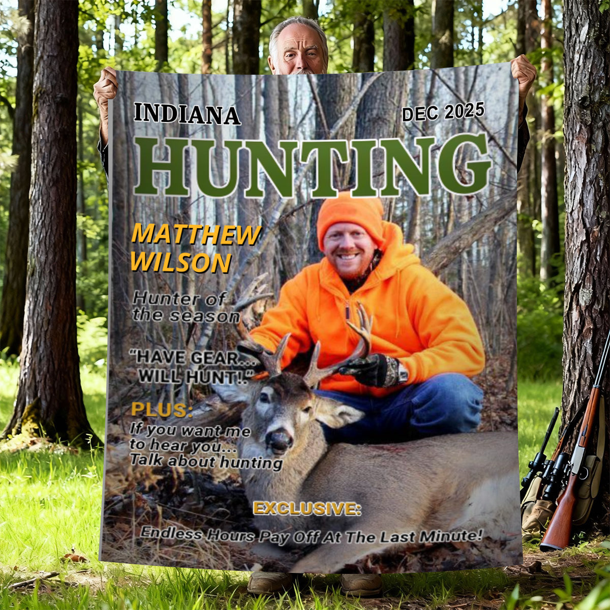 Wild At Heart Custom Photo Hunting Magazine Cover Blanket, Personalized Hunting Blanket Gifts for Men, Hunting Dad Gift